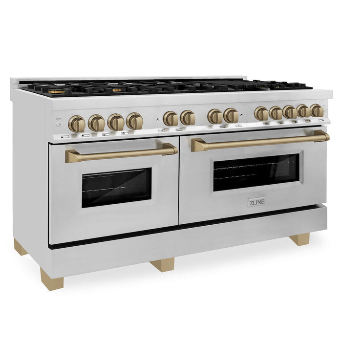 ZLINE Autograph Edition 60 in. 7.4 cu. ft. Dual Fuel Range with Gas Stove and Electric Oven in Stainless Steel with Champagne Bronze Accents (RAZ-60-CB)