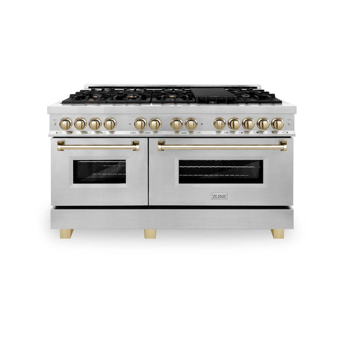 ZLINE Autograph Edition 60 in. 7.4 cu. ft. Dual Fuel Range with Gas Stove and Electric Oven in Stainless Steel with Polished Gold Accents (RAZ-60-G)