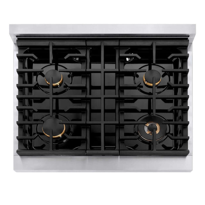 ZLINE Autograph Edition 30 in. 4.2 cu. ft. Paramount Dual Fuel Range with 4 Burner Gas Cooktop and Electric Convection Oven in Stainless Steel with Champagne Bronze Accents (SDRZ-30-CB)