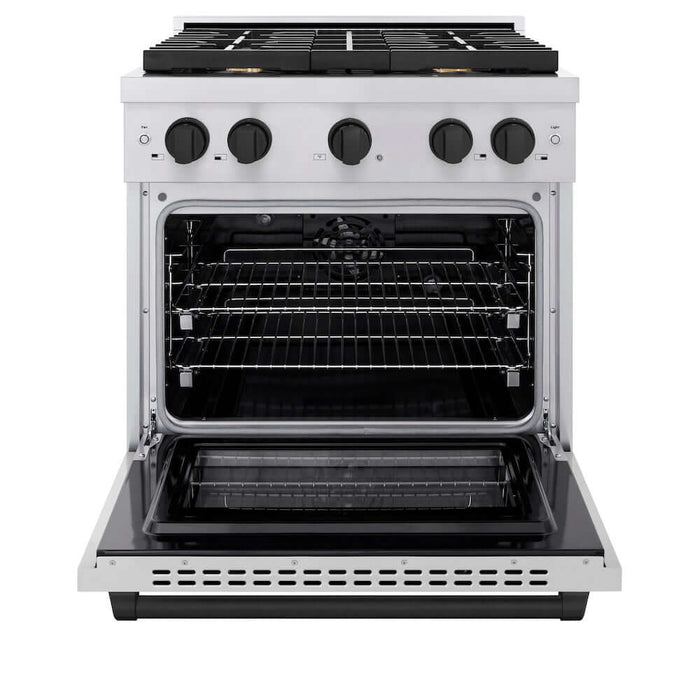 ZLINE Autograph Edition 30 in. 4.2 cu. ft. Paramount Dual Fuel Range with 4 Burner Gas Cooktop and Electric Convection Oven in Stainless Steel with Matte Black Accents (SDRZ-30-MB)