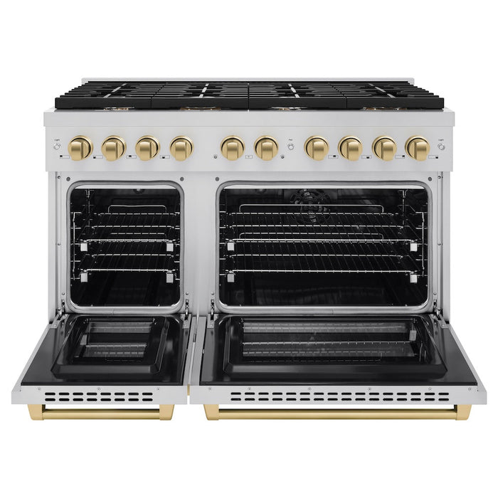 ZLINE Autograph Edition 48 in. 6.7 cu. ft. Paramount Double Oven Dual Fuel Range with 8 Burner Gas Cooktop in Stainless Steel and Champagne Bronze Accents (SDRZ-48-CB)