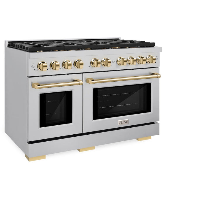 ZLINE Autograph Edition 48 in. 6.7 cu. ft. Paramount Double Oven Dual Fuel Range with 8 Burner Gas Cooktop in Stainless Steel and Polished Gold Accents (SDRZ-48-G)