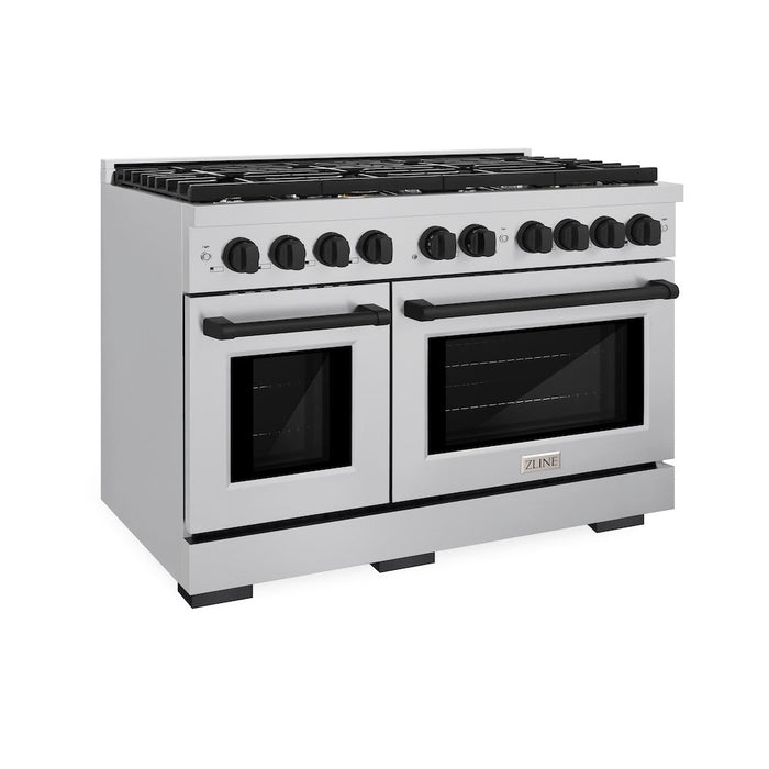 ZLINE Autograph Edition 48 in. 6.7 cu. ft. Paramount Double Oven Dual Fuel Range with 8 Burner Gas Cooktop in Stainless Steel and Matte Black Accents (SDRZ-48-MB)