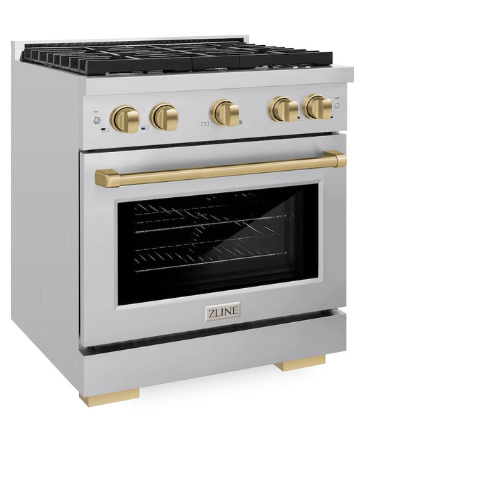 ZLINE Autograph Edition 30 in. 4.2 cu. ft. Paramount Gas Range with 4 Burner Cooktop and Convection Gas Oven in Stainless Steel and Champagne Bronze Accents (SGRZ-30-CB)