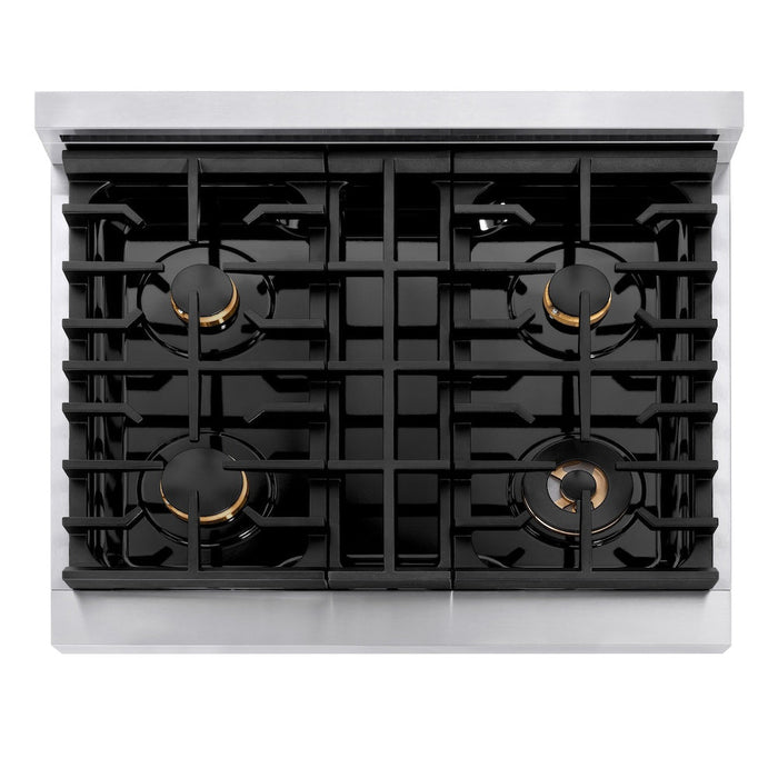 ZLINE Autograph Edition 30 in. 4.2 cu. ft. Paramount Gas Range with 4 Burner Cooktop and Convection Gas Oven in Stainless Steel and Champagne Bronze Accents (SGRZ-30-CB)