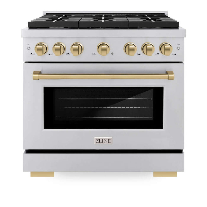 ZLINE Autograph Edition 36 in. 5.2 cu. ft. Paramount Gas Range with 6 Burner Cooktop and Convection Gas Oven in Stainless Steel and Champagne Bronze Accents (SGRZ-36-CB)