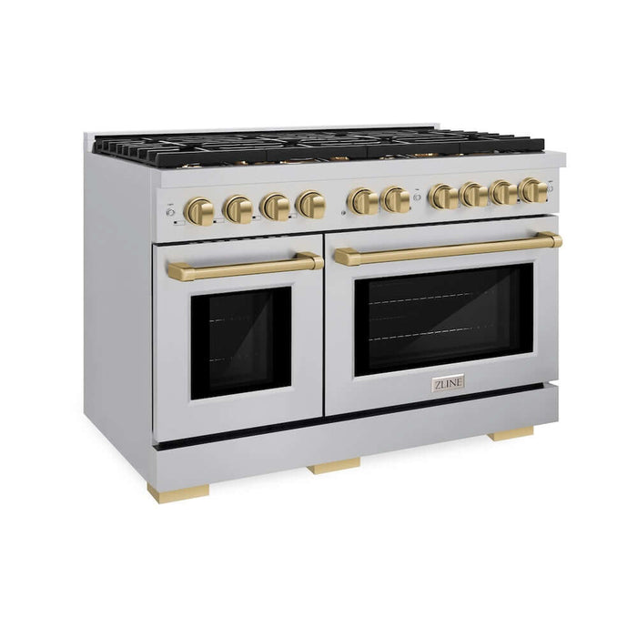 ZLINE Autograph Edition 48 in. 6.7 cu. ft. Paramount Double Oven Gas Range with 8 Burner Cooktop in Stainless Steel and Champagne Bronze Accents (SGRZ-48-CB)