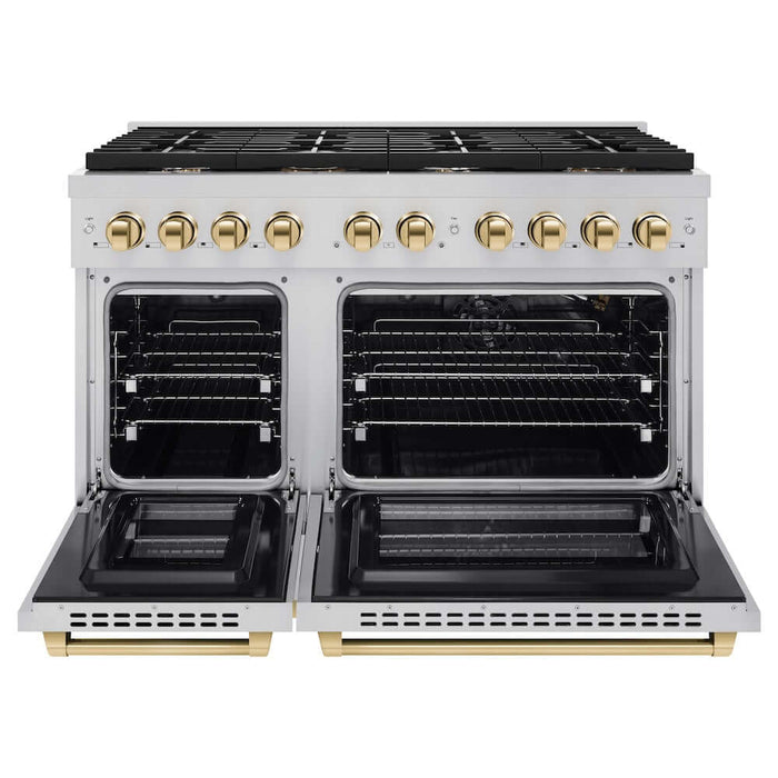 ZLINE Autograph Edition 48 in. 6.7 cu. ft. Paramount Double Oven Gas Range with 8 Burner Cooktop in Stainless Steel and Polished Gold Accents (SGRZ-48-G)