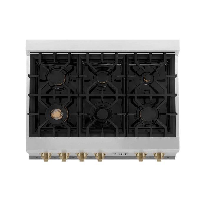 ZLINE Autograph Edition 36 in. Porcelain Rangetop with 6 Gas Burners in Stainless Steel with Champagne Bronze Accents (RTZ-36-CB)