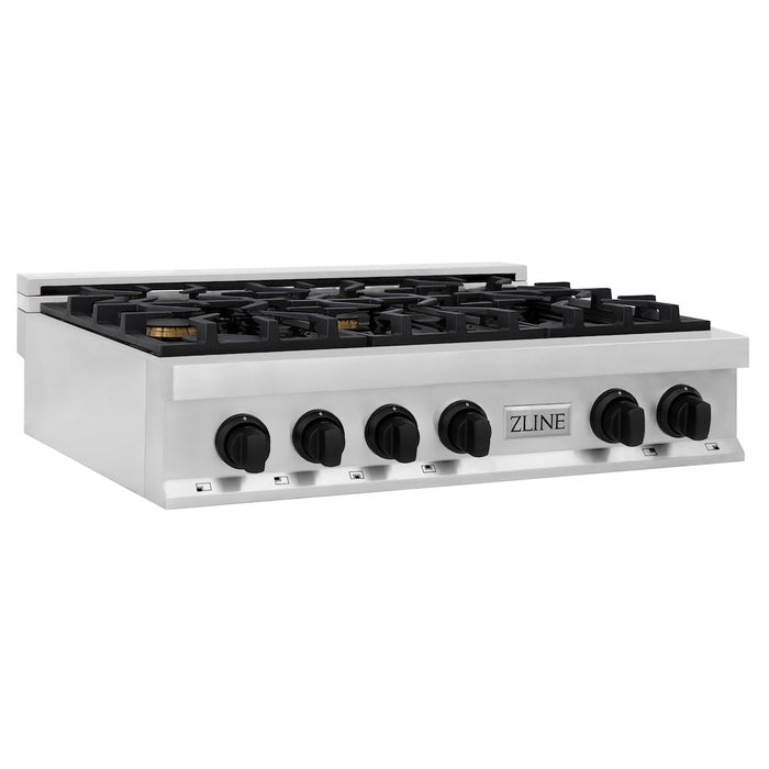 ZLINE Autograph Edition 36 in. Porcelain Rangetop with 6 Gas Burners in Stainless Steel with Matte Black Accents (RTZ-36-MB)