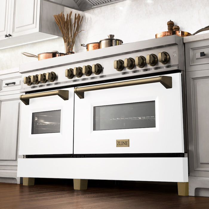 ZLINE Autograph Edition 60 in. 7.4 cu. ft. Dual Fuel Range with Gas Stove and Electric Oven in Stainless Steel with White Matte Doors and Champagne Bronze Accents (RAZ-WM-60-CB)