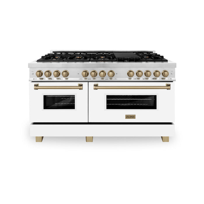 ZLINE Autograph Edition 60 in. 7.4 cu. ft. Dual Fuel Range with Gas Stove and Electric Oven in Stainless Steel with White Matte Doors and Champagne Bronze Accents (RAZ-WM-60-CB)