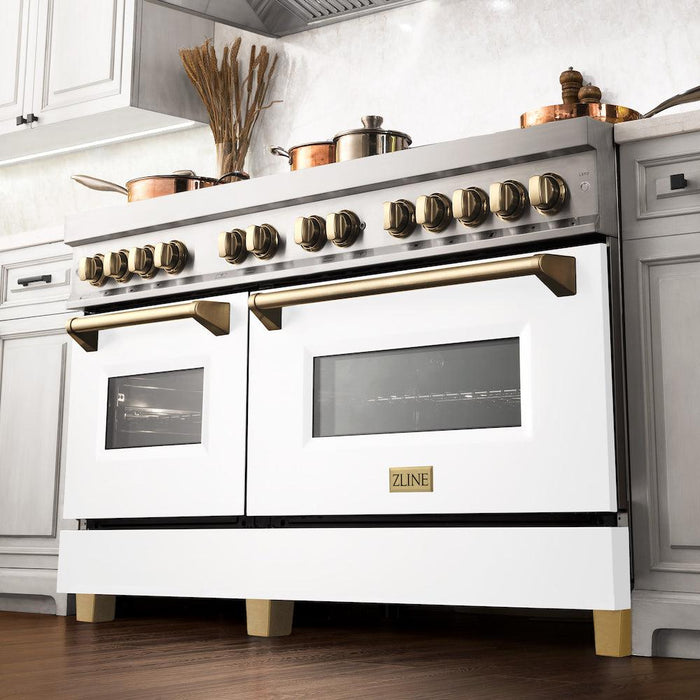 ZLINE Autograph Edition 60 in. 7.4 cu. ft. Dual Fuel Range with Gas Stove and Electric Oven in Stainless Steel with White Matte Doors and Polished Gold Accents (RAZ-WM-60-G)