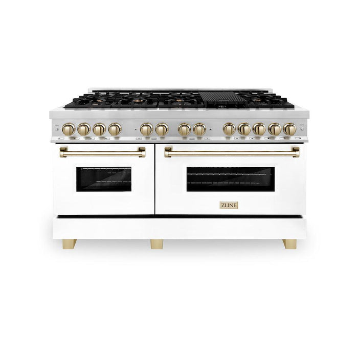 ZLINE Autograph Edition 60 in. 7.4 cu. ft. Dual Fuel Range with Gas Stove and Electric Oven in Stainless Steel with White Matte Doors and Polished Gold Accents (RAZ-WM-60-G)