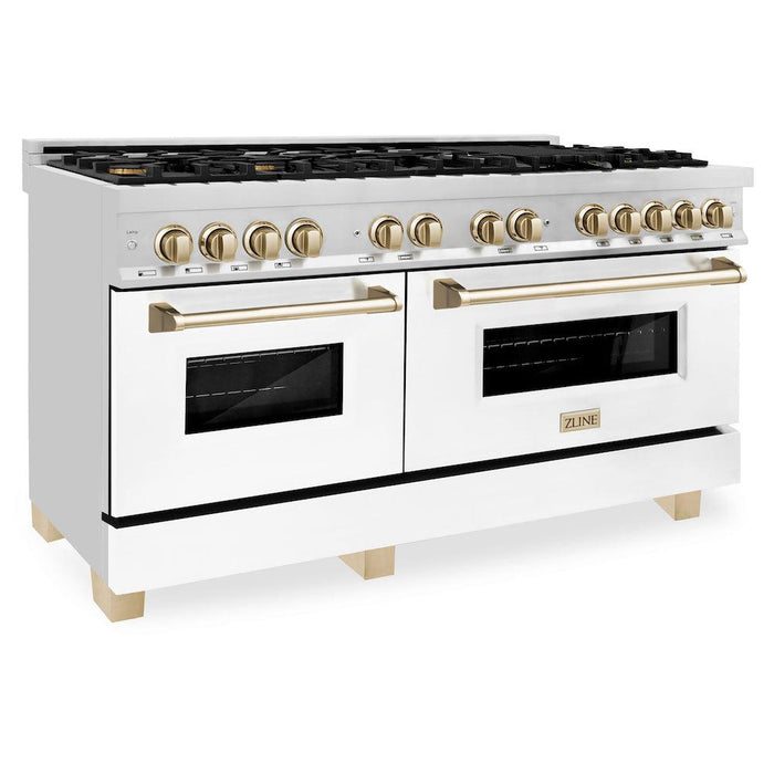 ZLINE Autograph Edition 60 in. 7.4 cu. ft. Dual Fuel Range with Gas Stove and Electric Oven in Stainless Steel with White Matte Doors and Polished Gold Accents (RAZ-WM-60-G)