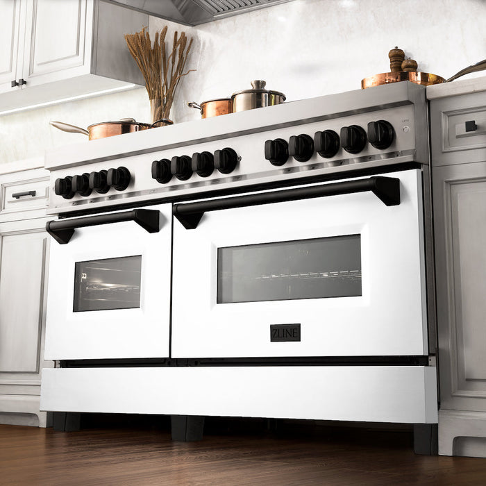 ZLINE Autograph Edition 60 in. 7.4 cu. ft. Dual Fuel Range with Gas Stove and Electric Oven in Stainless Steel with White Matte Doors and Matte Black Accents (RAZ-WM-60-MB)