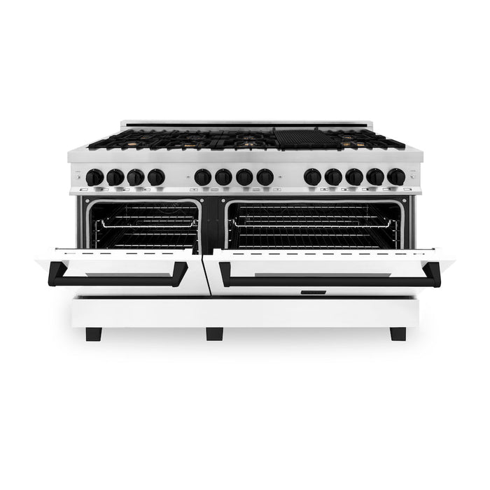 ZLINE Autograph Edition 60 in. 7.4 cu. ft. Dual Fuel Range with Gas Stove and Electric Oven in Stainless Steel with White Matte Doors and Matte Black Accents (RAZ-WM-60-MB)