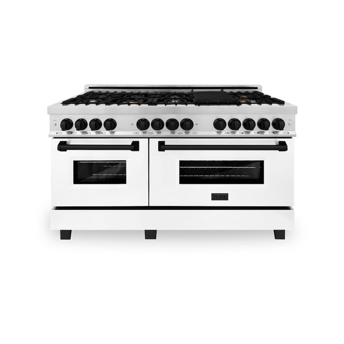 ZLINE Autograph Edition 60 in. 7.4 cu. ft. Dual Fuel Range with Gas Stove and Electric Oven in Stainless Steel with White Matte Doors and Matte Black Accents (RAZ-WM-60-MB)