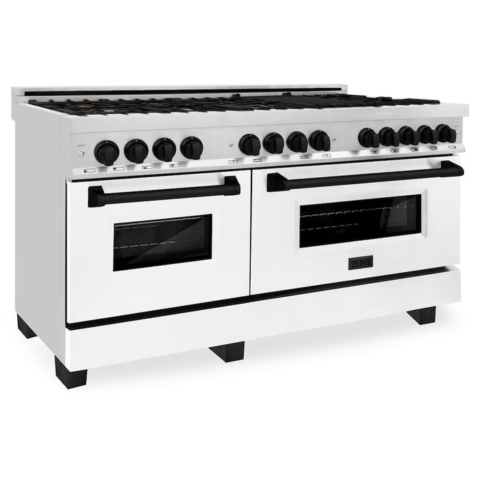 ZLINE Autograph Edition 60 in. 7.4 cu. ft. Dual Fuel Range with Gas Stove and Electric Oven in Stainless Steel with White Matte Doors and Matte Black Accents (RAZ-WM-60-MB)