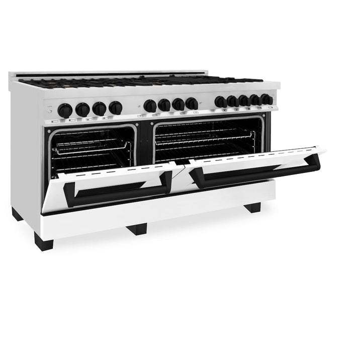 ZLINE Autograph Edition 60 in. 7.4 cu. ft. Dual Fuel Range with Gas Stove and Electric Oven in Stainless Steel with White Matte Doors and Matte Black Accents (RAZ-WM-60-MB)