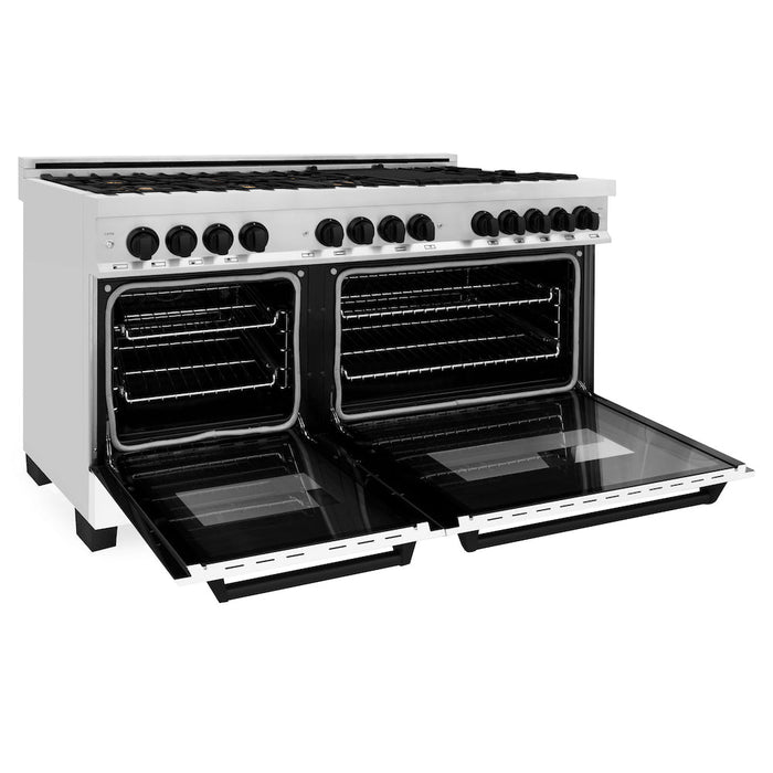 ZLINE Autograph Edition 60 in. 7.4 cu. ft. Dual Fuel Range with Gas Stove and Electric Oven in Stainless Steel with White Matte Doors and Matte Black Accents (RAZ-WM-60-MB)