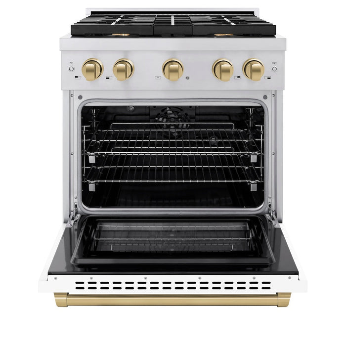 ZLINE Autograph Edition 30 in. 4.2 cu. ft. Paramount Dual Fuel Range with 4 Burner Gas Cooktop and Electric Convection Oven in Stainless Steel with White Matte Door and Champagne Bronze Accents (SDRZ-WM-30-CB)