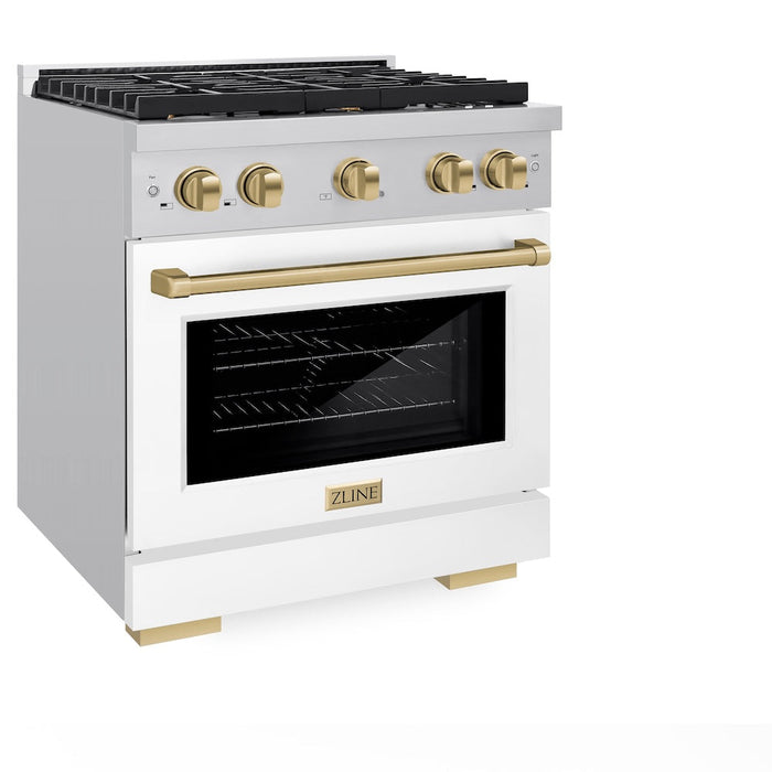 ZLINE Autograph Edition 30 in. 4.2 cu. ft. Paramount Dual Fuel Range with 4 Burner Gas Cooktop and Electric Convection Oven in Stainless Steel with White Matte Door and Champagne Bronze Accents (SDRZ-WM-30-CB)