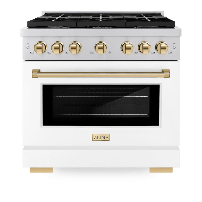 ZLINE Autograph Edition 36 in. 5.2 cu. ft. Paramount Dual Fuel Range with 6 Burner Gas Cooktop and Electric Convection Oven in Stainless Steel with White Matte Door and Polished Gold Accents (SDRZ-WM-36-G)