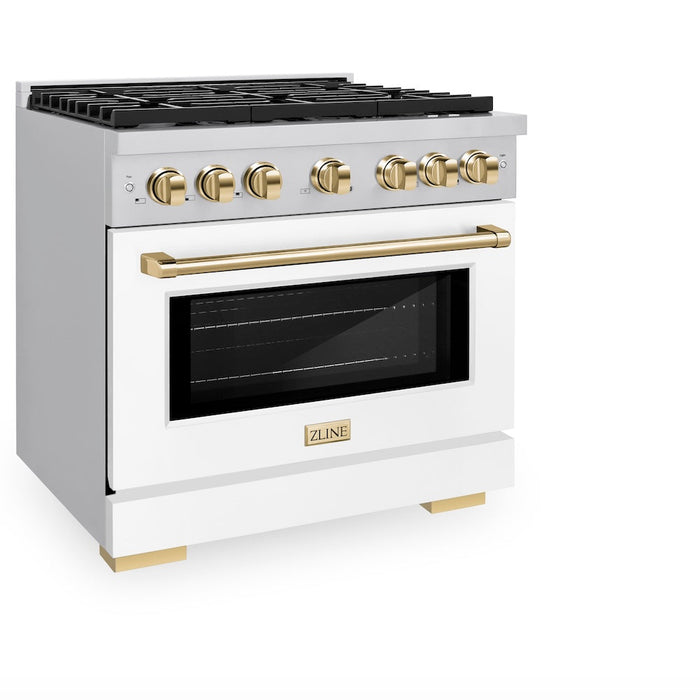 ZLINE Autograph Edition 36 in. 5.2 cu. ft. Paramount Dual Fuel Range with 6 Burner Gas Cooktop and Electric Convection Oven in Stainless Steel with White Matte Door and Polished Gold Accents (SDRZ-WM-36-G)