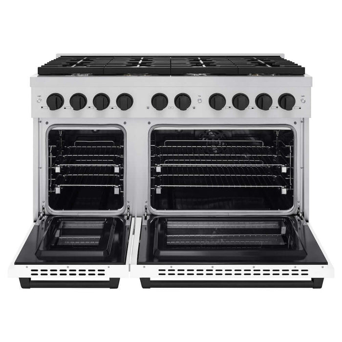 ZLINE Autograph Edition 48 in. 6.7 cu. ft. Paramount Double Oven Dual Fuel Range with 8 Burner Gas Cooktop in Stainless Steel with White Matte Doors and Matte Black Accents (SDRZ-WM-48-MB)