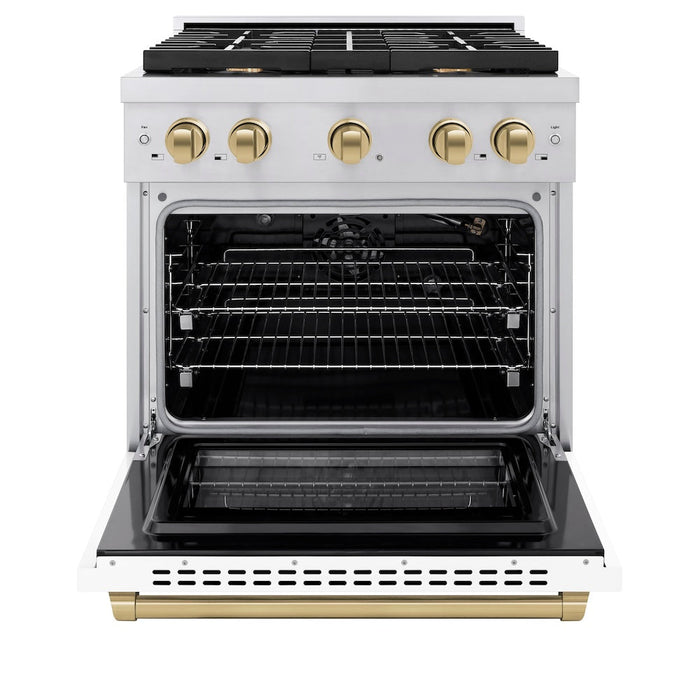 ZLINE Autograph Edition 30 in. 4.2 cu. ft. Paramount Gas Range with 4 Burner Cooktop and Convection Gas Oven in Stainless Steel with White Matte Door and Champagne Bronze Accents (SGRZ-WM-30-CB)