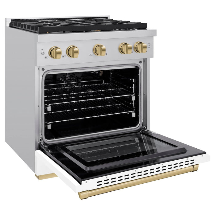 ZLINE Autograph Edition 30 in. 4.2 cu. ft. Paramount Gas Range with 4 Burner Cooktop and Convection Gas Oven in Stainless Steel with White Matte Door and Champagne Bronze Accents (SGRZ-WM-30-CB)