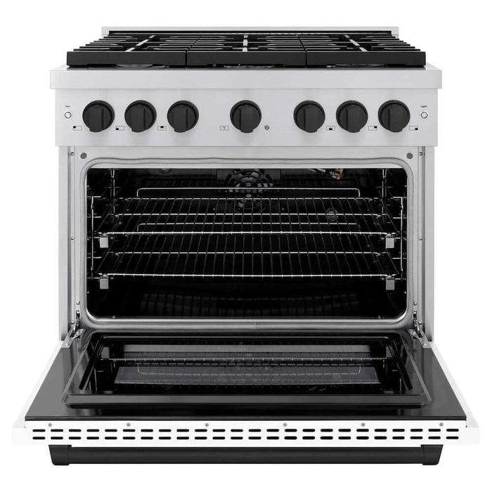 ZLINE Autograph Edition 36 in. 5.2 cu. ft. Paramount Gas Range with 6 Burner Cooktop and Convection Gas Oven in Stainless Steel with White Matte Door and Matte Black Accents (SGRZ-WM-36-MB)