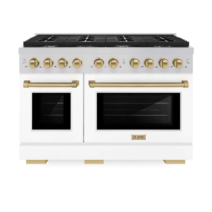 ZLINE Autograph Edition 48 in. 6.7 cu. ft. Paramount Double Oven Gas Range with 8 Burner Cooktop in Stainless Steel with White Matte Doors and Champagne Bronze Accents (SGRZ-WM-48-CB)