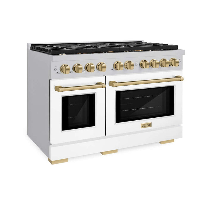 ZLINE Autograph Edition 48 in. 6.7 cu. ft. Paramount Double Oven Gas Range with 8 Burner Cooktop in Stainless Steel with White Matte Doors and Champagne Bronze Accents (SGRZ-WM-48-CB)