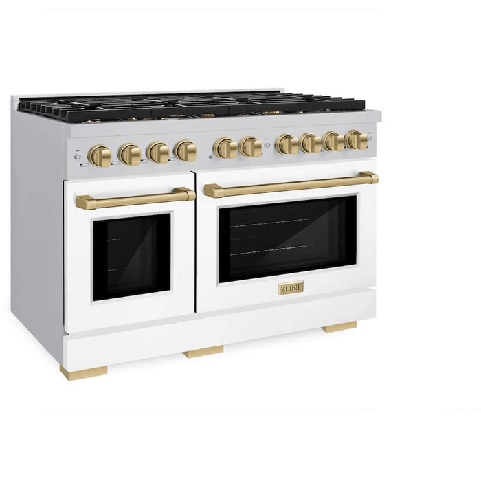 ZLINE Autograph Edition 48 in. 6.7 cu. ft. Paramount Double Oven Gas Range with 8 Burner Cooktop in Stainless Steel with White Matte Doors and Champagne Bronze Accents (SGRZ-WM-48-CB)