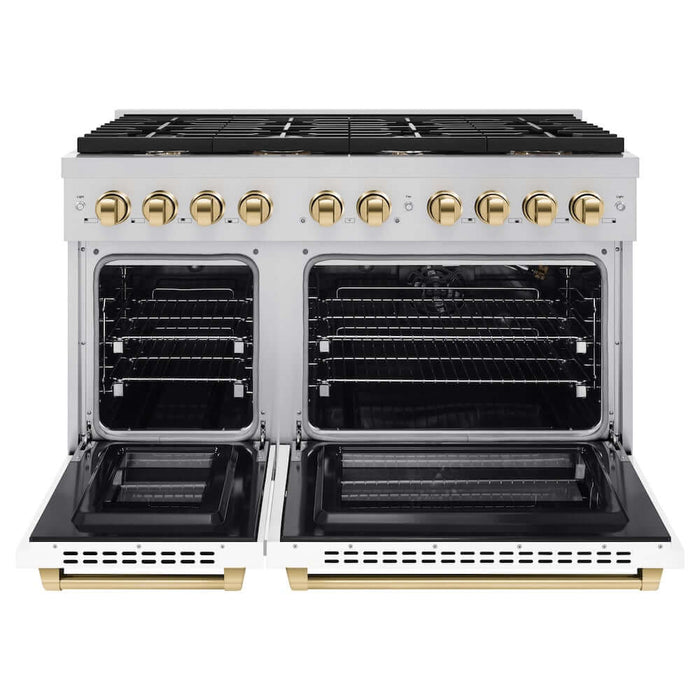 ZLINE Autograph Edition 48 in. 6.7 cu. ft. Paramount Double Oven Gas Range with 8 Burner Cooktop in Stainless Steel with White Matte Doors and Polished Gold Accents (SGRZ-WM-48-G)