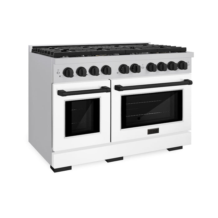 ZLINE Autograph Edition 48 in. 6.7 cu. ft. Paramount Double Oven Gas Range with 8 Burner Cooktop in Stainless Steel with White Matte Doors and Matte Black Accents (SGRZ-WM-48-MB)