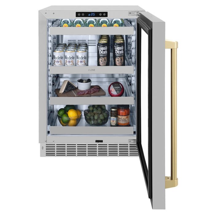 ZLINE Autograph Edition 24 in. Touchstone 151 Can Beverage Fridge With Stainless Steel Glass Door And Champagne Bronze Handle (RBSOZ-GS-24-CB)