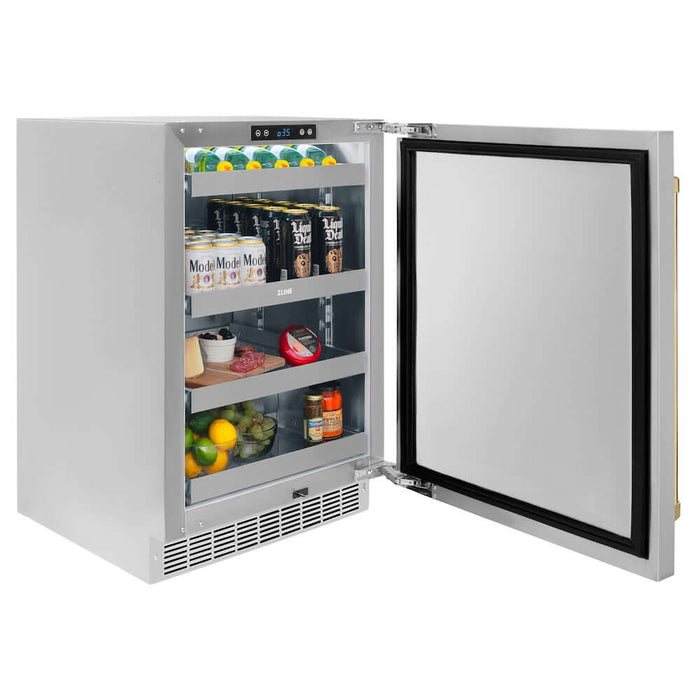 ZLINE Autograph Edition 24 in. Touchstone 151 Can Beverage Fridge With Solid Stainless Steel Door And Polished Gold Handle (RBSOZ-ST-24-G)