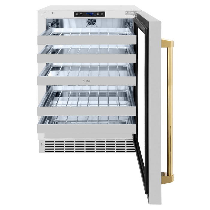 ZLINE Autograph Edition 24 in. Touchstone Dual Zone 44 Bottle Wine Cooler With Stainless Steel Glass Door And Polished Gold Handle (RWDOZ-GS-24-G)