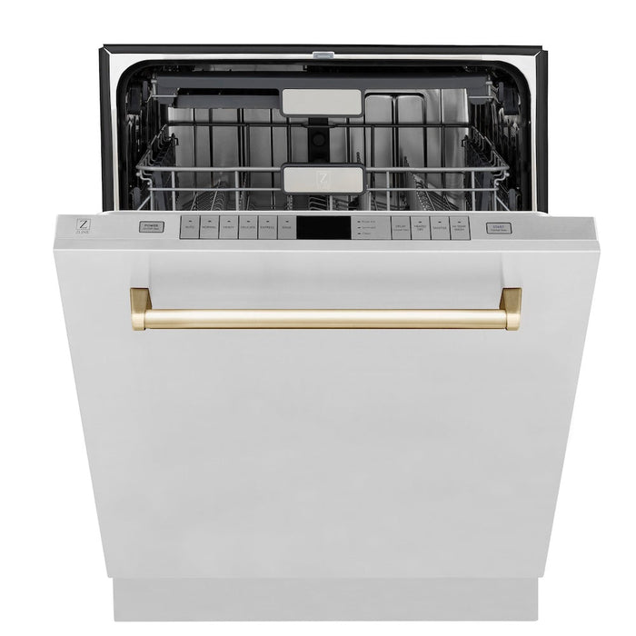 ZLINE Autograph Edition 30 in. Kitchen Package with Stainless Steel Dual Fuel Range, Range Hood and Dishwasher with Polished Gold Accents (3AKP-RARHDWM30-G)