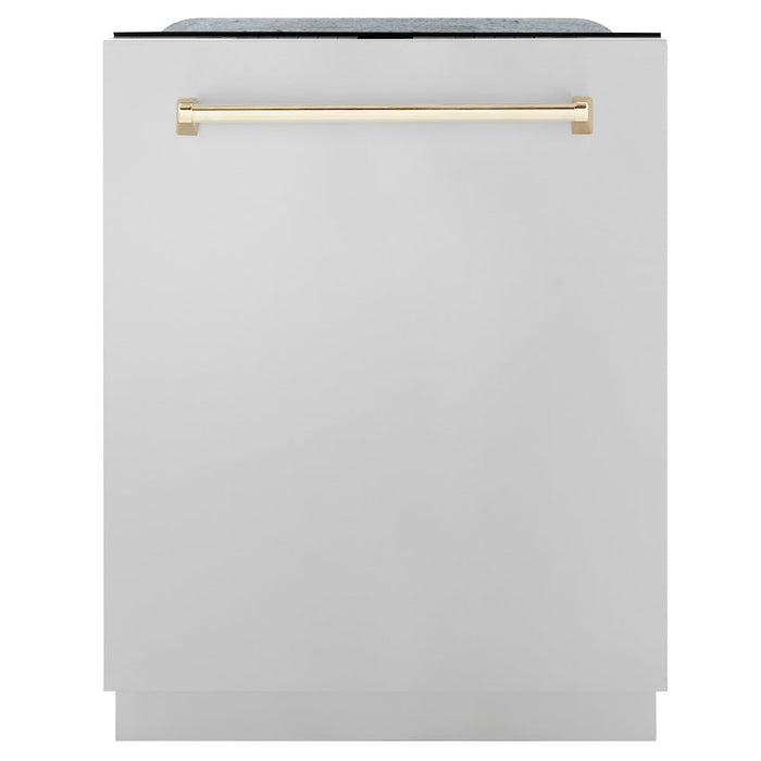 ZLINE Autograph Edition 24 in. Monument Series 3rd Rack Top Touch Control Tall Tub Dishwasher in Stainless Steel with Polished Gold Handle, 45dBa (DWMTZ-304-24-G)