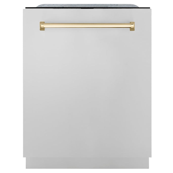 ZLINE Autograph Edition 24 in. Monument Series 3rd Rack Top Touch Control Tall Tub Dishwasher in Stainless Steel with Polished Gold Handle, 45dBa (DWMTZ-304-24-G)