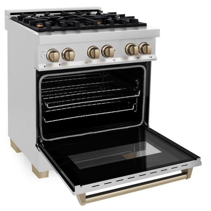 ZLINE Autograph Edition 30 in. Kitchen Package with Stainless Steel Dual Fuel Range and Range Hood with Champagne Bronze Accents (2AKP-RARH30-CB)