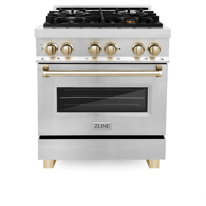 ZLINE Autograph Edition 30 in. 4.0 cu. ft. Dual Fuel Range with Gas Stove and Electric Oven in Stainless Steel with Polished Gold Accents (RAZ-30-G)