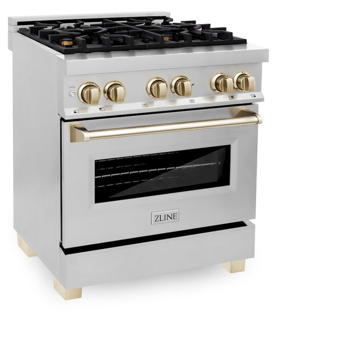 ZLINE Autograph Edition 30 in. Kitchen Package with Stainless Steel Dual Fuel Range and Range Hood with Polished Gold Accents (2AKP-RARH30-G)