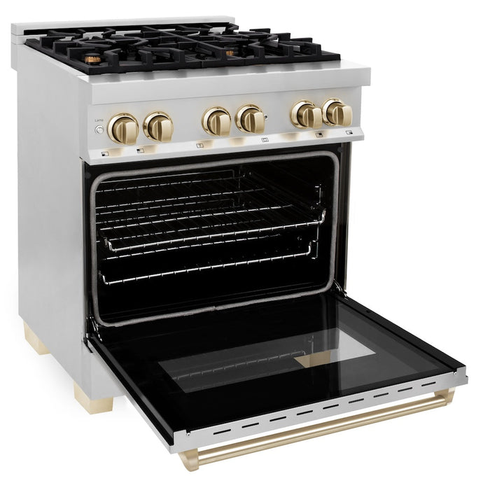 ZLINE Autograph Edition 30 in. Kitchen Package with Stainless Steel Dual Fuel Range, Range Hood and Dishwasher with Polished Gold Accents (3AKP-RARHDWM30-G)