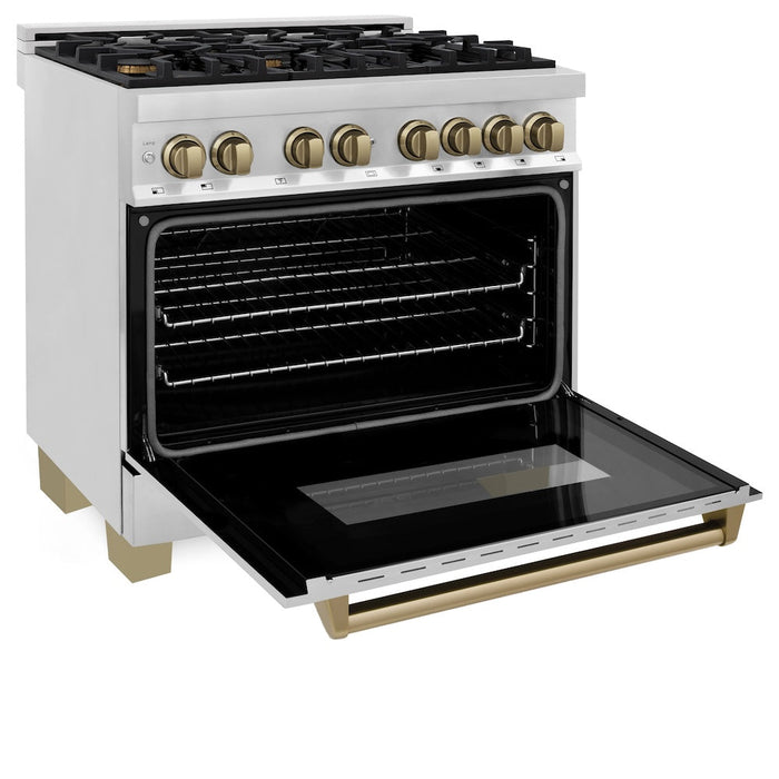 ZLINE Autograph Edition 36 in. Kitchen Package with Stainless Steel Dual Fuel Range and Range Hood with Champagne Bronze Accents (2AKP-RARH36-CB)