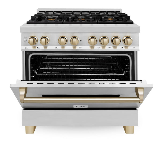 ZLINE Autograph Edition 36 in. Kitchen Package with Stainless Steel Dual Fuel Range, Range Hood and Dishwasher with Polished Gold Accents (3AKP-RARHDWM36-G)